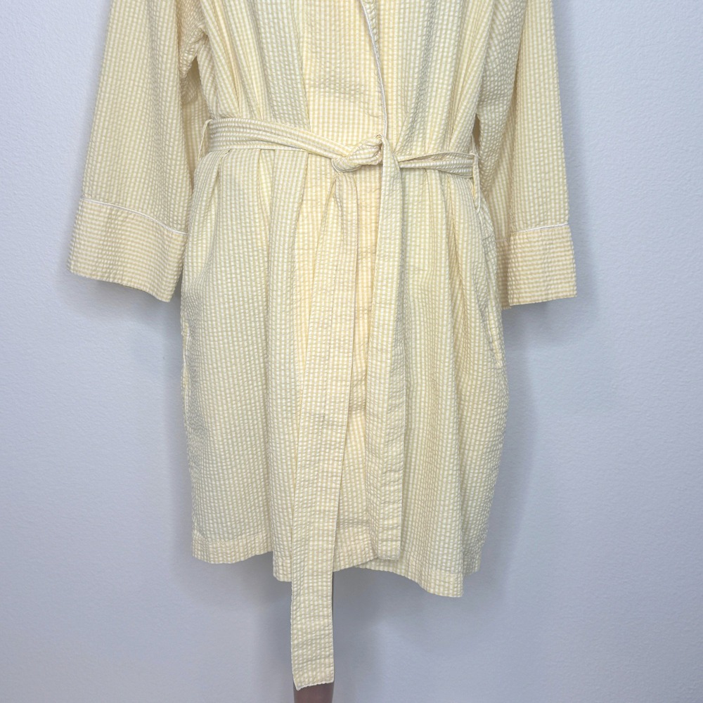 ESLEEP Vintage Seersucker Midi Robe L/XL Yellow White Tie Front Pockets - Picture 4 of 8